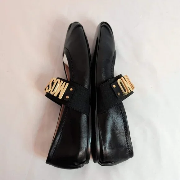 Moschino Couture Leather Ballet Flats With Gold Metal Letter Logo Sz 39 - Picture 7 of 10